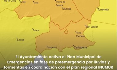 AVISO NARANJA.  El Ayuntamiento activa el Plan Municipal de Emergencias en fase de preemergencia por lluvias y tormentas en coordinación con el plan regional INUMUR