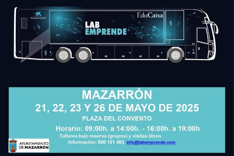 Esta mañana hemos recibido en la Plaza del Convento el LABEMPRENDE, un autobús interactivo que llega de la mano de la Fundación “la Caixa” para quedarse con nosotros los días 21, 22, 23 y 26 de mayo.