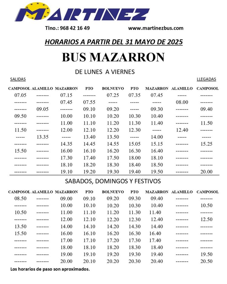 Desde la empresa de autobuses informan que la línea LORCA – ALHAMA – TOTANA – PUERTO DE MAZARRÓN sufrirá una modificación en su servicio que entrará en vigor a partir del 31 de mayo de 2025.