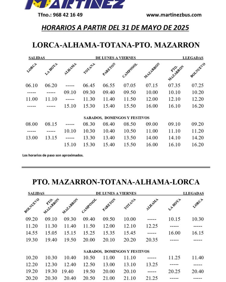 Desde la empresa de autobuses informan que la línea LORCA – ALHAMA – TOTANA – PUERTO DE MAZARRÓN sufrirá una modificación en su servicio que entrará en vigor a partir del 31 de mayo de 2025.