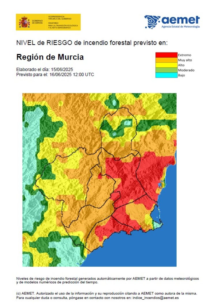 El nivel de riesgo de incendio forestal previsto para hoy es extremo o muy alto en casi toda la Región de Murcia
