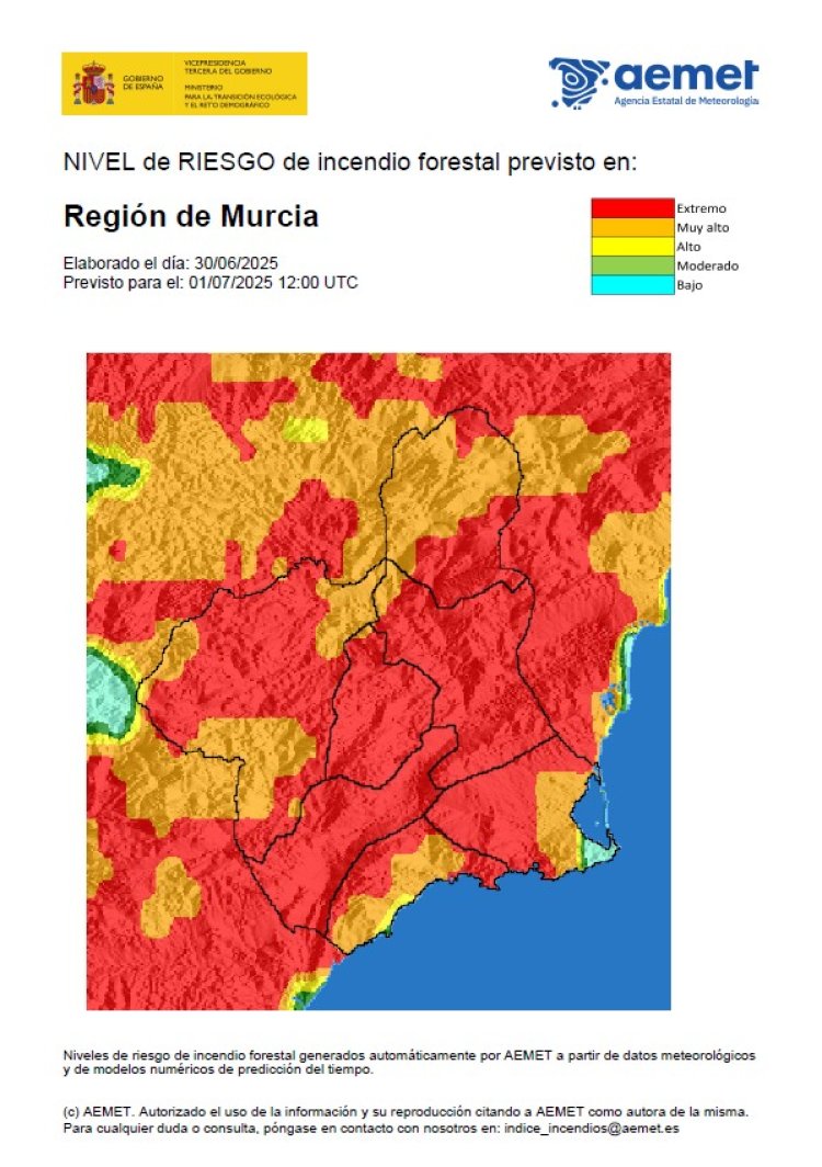 Nivel de riesgo de incendio forestal previsto para hoy martes EXTREMO en casi toda la Región de Murcia