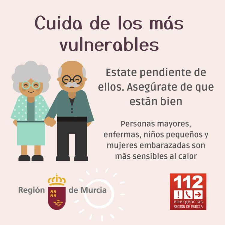 Las autoridades sanitarias reiteran hoy la necesidad de protegerse para evitar que el calor afecte a la salud. Riesgo naranja (medio) en el Altiplano, Noroeste, Vega del Segura y Campo de Cartagena y Mazarrón