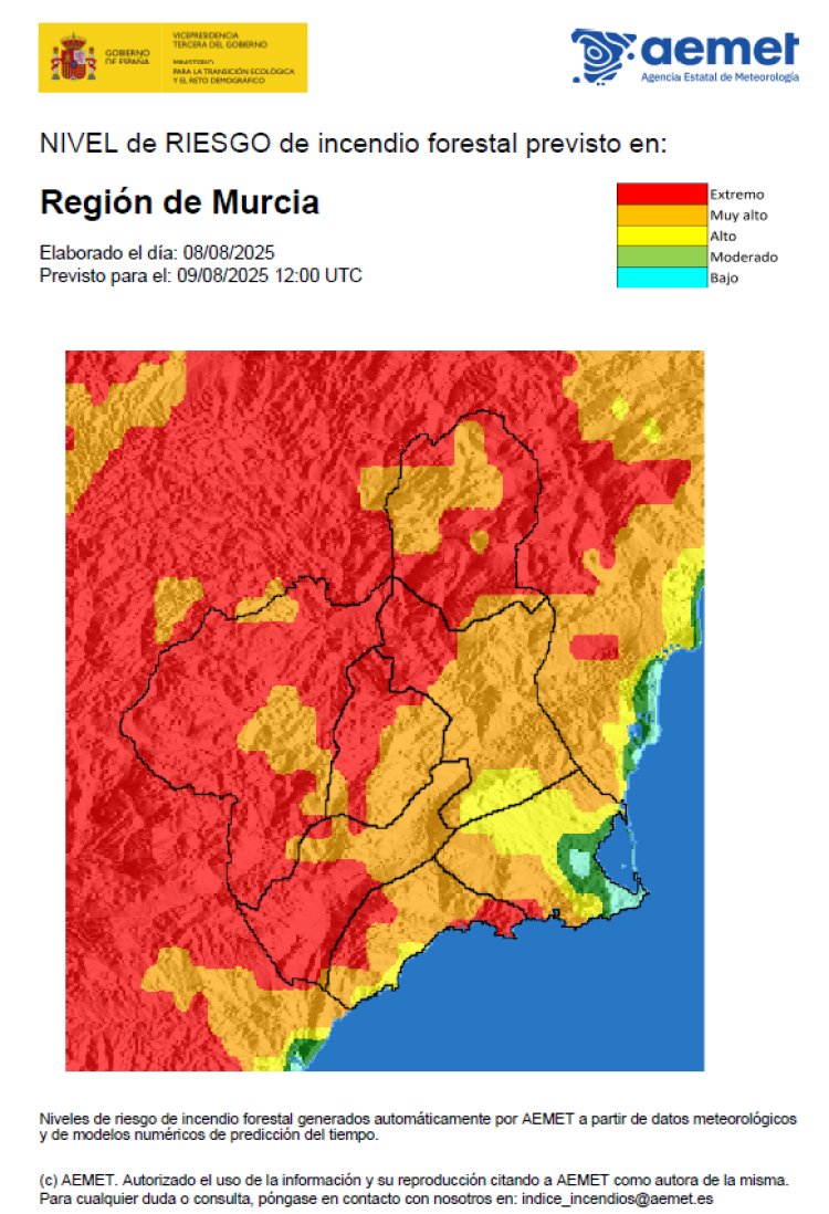 El nivel de riesgo de incendio forestal previsto para hoy sábado, 9 de agosto, en la Región de Murcia, es EXTREMO, MUY ALTO y ALTO.