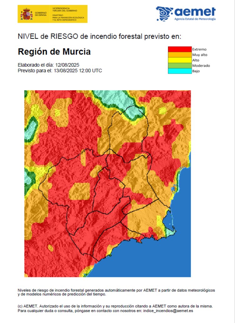 El nivel de riesgo de incendio forestal previsto para hoy miércoles, 13 de agosto, es EXTREMO o MUY ALTO en la mayor parte de la Región de Murcia.