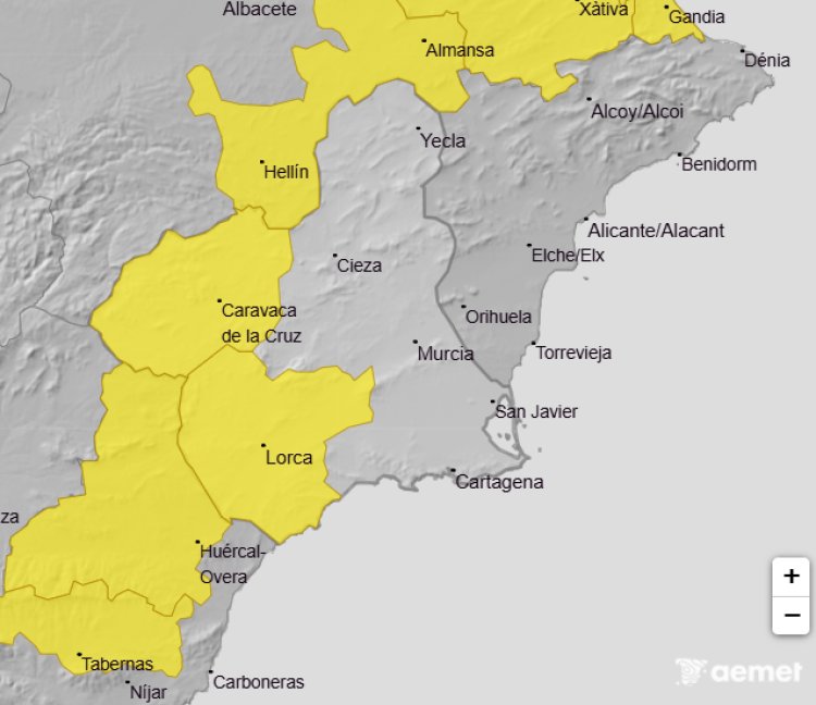 La Agencia Estatal de Meteorología emite boletín por fenómenos adversos de nivel amarillo por lluvia y tormenta en la Región de Murcia.