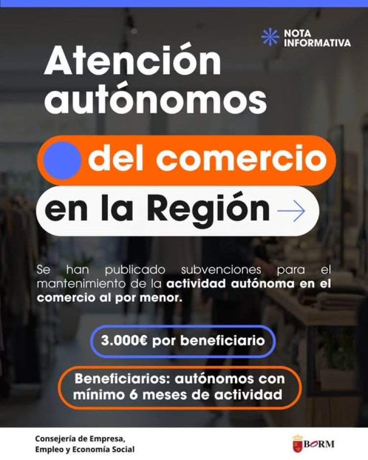 Nuevas subvenciones para autónomos del comercio en la Región de Murcia de la Conserjería de Empresa, Empleo y Economía Social