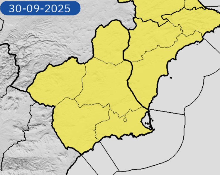 La Agencia Estatal de Meteorología AMPLIA AVISOS por fenómenos adversos de nivel AMARILLO por lluvias y tormentas en la madrugada del martes 30 de septiembre en la Región de Murcia.