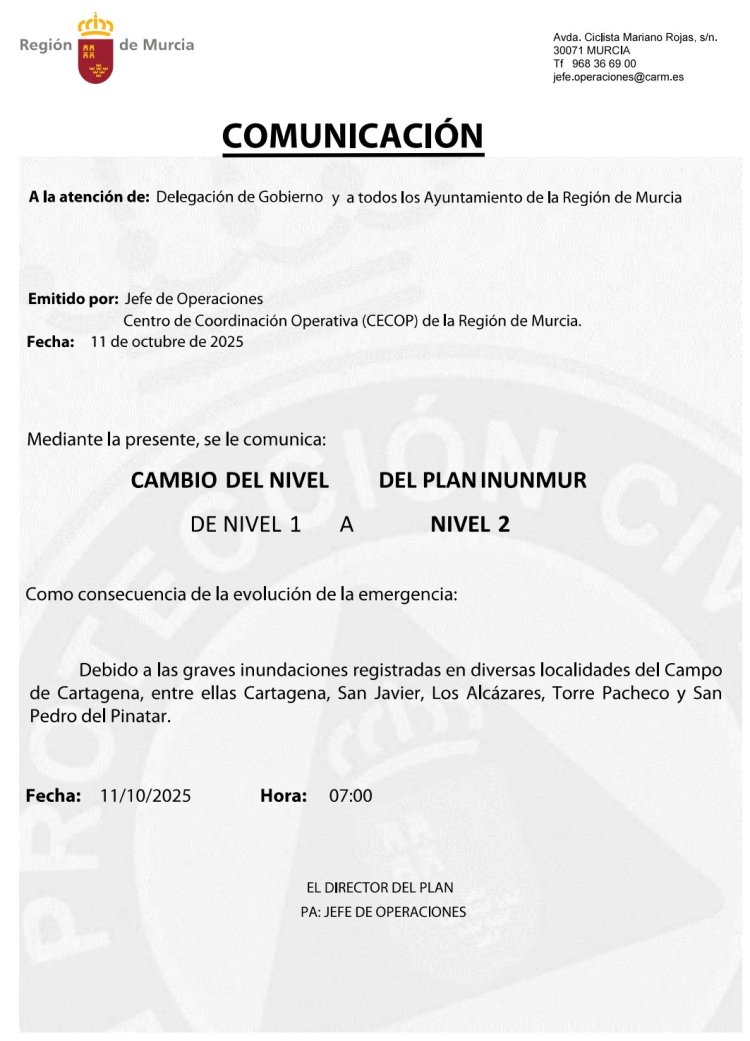 Se activa el nivel 2 del Plan Inunmur con motivo de las graves inundaciones