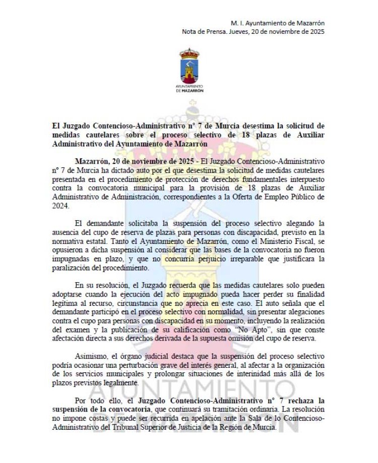 El Juzgado Contencioso-Administrativo nº 7 de Murcia desestima la solicitud de medidas cautelares sobre el proceso selectivo de 18 plazas de Auxiliar Administrativo del Ayuntamiento de Mazarrón