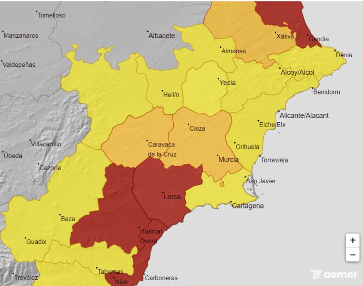 Meteorología amplia aviso de fenómenos adversos de nivel rojo, naranja y amarillo por lluvias y tormentas hoy lunes en la Región de Murcia
