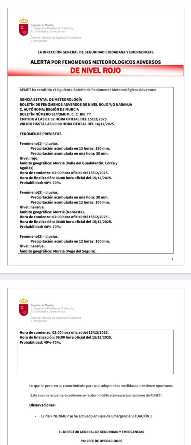 Meteorología amplia aviso de fenómenos adversos de nivel rojo, naranja y amarillo por lluvias y tormentas hoy lunes en la Región de Murcia