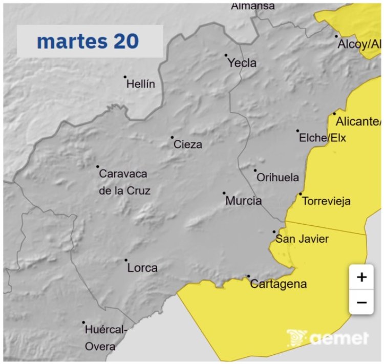 AEMET informa de aviso AMARILLO por fenómenos costeros en Campo de Cartagena y Mazarrón para el próximo día 20.
