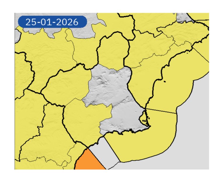 La Agencia Estatal de Meteorología actualiza los fenómenos adversos de nivel amarillo en la Región de Murcia.
