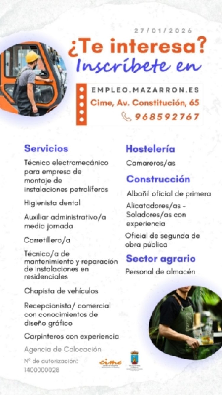 Ofertas de empleo activas de la Agencia de Colocación del Ayuntamiento de Mazarrón