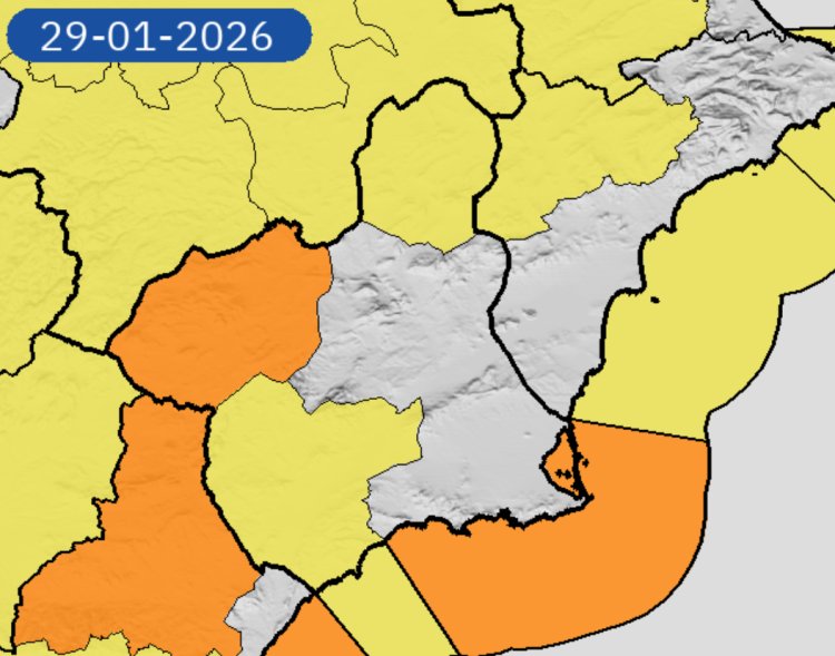 La Agencia Estatal de Meteorología actualiza los fenómenos adversos del día 29 nivel naranja y amarillo en la Región de Murcia.