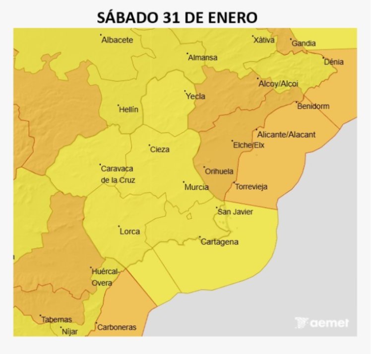 La Agencia Estatal de Meteorología actualiza los fenómenos adversos de nivel amarillo para mañana sábado 31 de enero en la Región de Murcia.