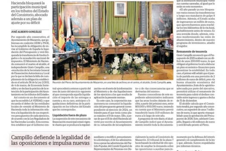 PP Mazarrón: El Ayuntamiento atraviesa una situación económica muy preocupante tras conocerse que el Ministerio de Hacienda ha tenido que intervenir debido a la incapacidad del equipo de gobierno para pagar a los proveedores