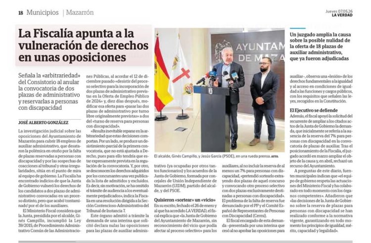 Partido Popular de Mazarrón: La Fiscalía señala una posible vulneración de derechos fundamentales en las oposiciones del Ayuntamiento de Mazarrón.