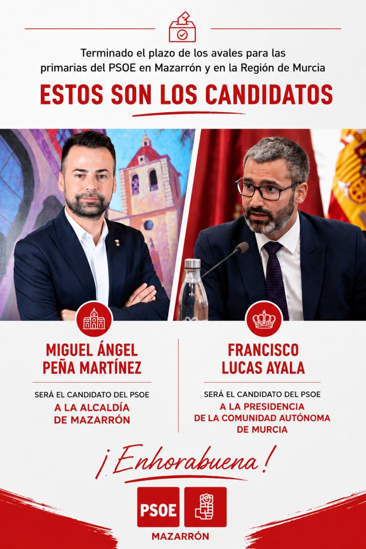 Miguel Ángel Peña Martínez será el candidato del PSOE a la Alcaldía de Mazarrón y Francisco Lucas Ayala optará a la Presidencia de la Región de Murcia