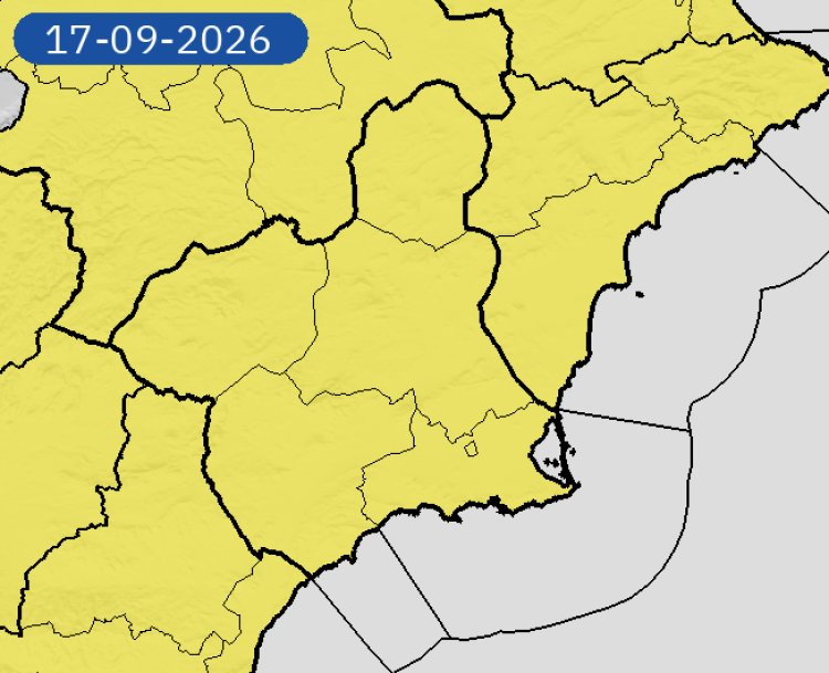 Avisos amarillos por lluvias y tormentas para el jueves. En Mazarrón, el umbral previsto asciende a 25 milímetros en una hora, manteniéndose el nivel amarillo.