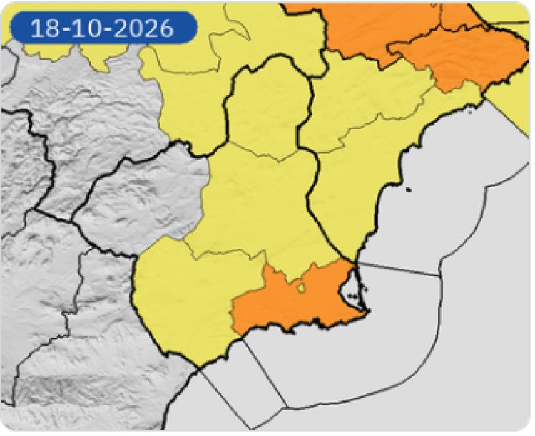 Meteorología actualiza aviso de fenómenos adversos de nivel naranja-amarillo por lluvias y tormentas para el domingo 18 de octubre en la mayor parte de la Región de Murcia