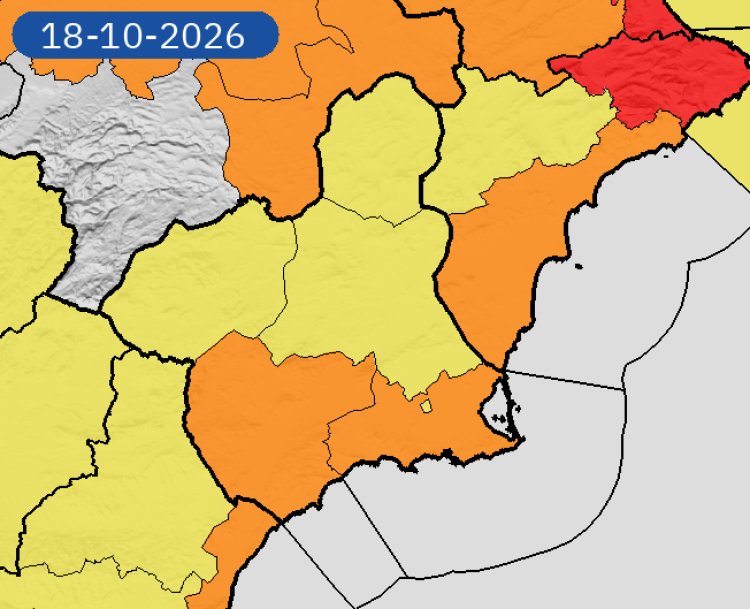 AEMET mantiene dos periodos de nivel naranja por lluvias para el domingo 18 de octubre en el sur de la Región de Murcia